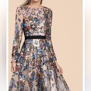 Sheer Embroidered Cream and Blue Long Sleeve Evening Gown Maxi Formal Dress